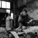 Un artisan indépendant consulte des documents d'assurance et une facture à son bureau d'atelier