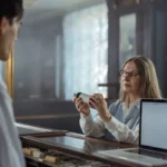 Un opticien présente une paire de lunettes à verres unifocaux à un client dans son magasin